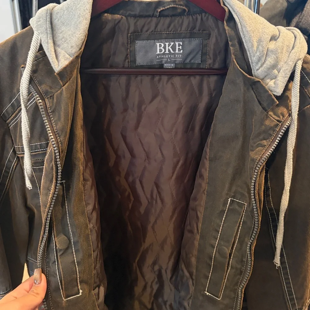 BKE Men's Dark Brown Jacket with Light Gray Hood - Picture 4 of 4